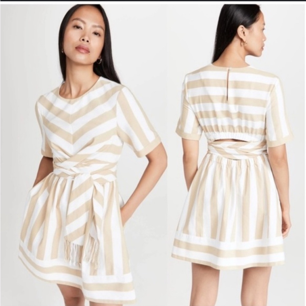 STAUD Beige and White Striped Mini Dress